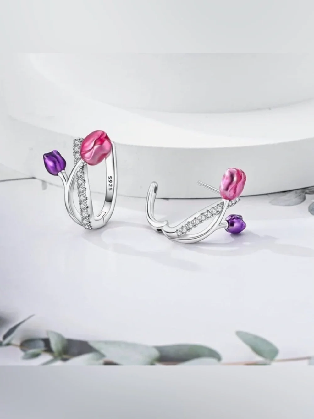 Sterling Silver Stamped 925  Pink & Purple Tulip Hoop Earrings -